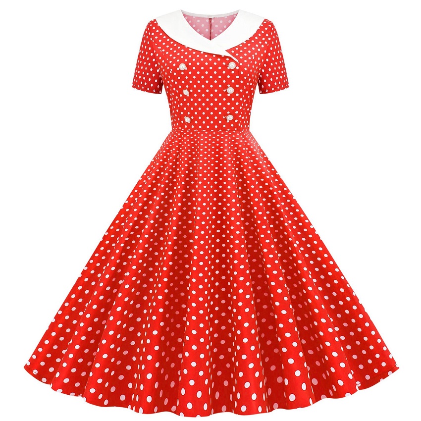 Women's V-Neck Short Sleeve Polka Dot Print Retro Swing Dress