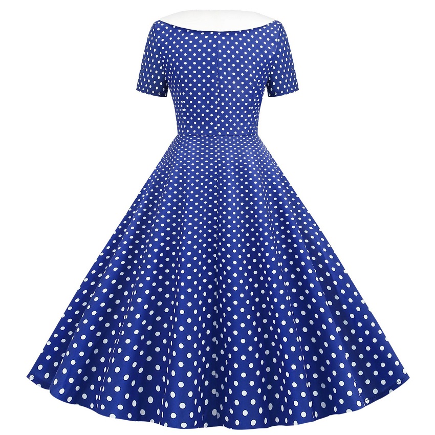 Women's V-Neck Short Sleeve Polka Dot Print Retro Swing Dress