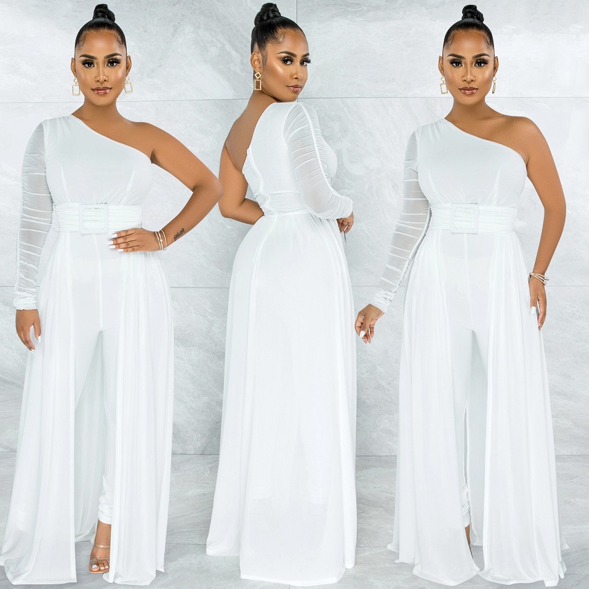 Popular Fashion European and African Style Sexy Mesh See-through One-shoulder Diagonal Collar long-Sleeved Pants Jumpsuit