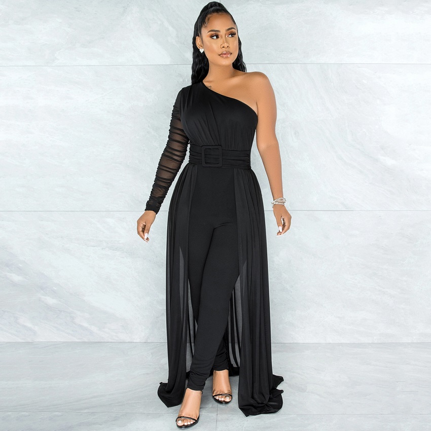 Popular Fashion European and African Style Sexy Mesh See-through One-shoulder Diagonal Collar long-Sleeved Pants Jumpsuit