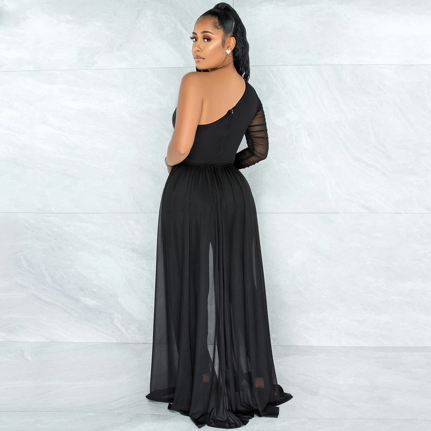 Popular Fashion European and African Style Sexy Mesh See-through One-shoulder Diagonal Collar long-Sleeved Pants Jumpsuit