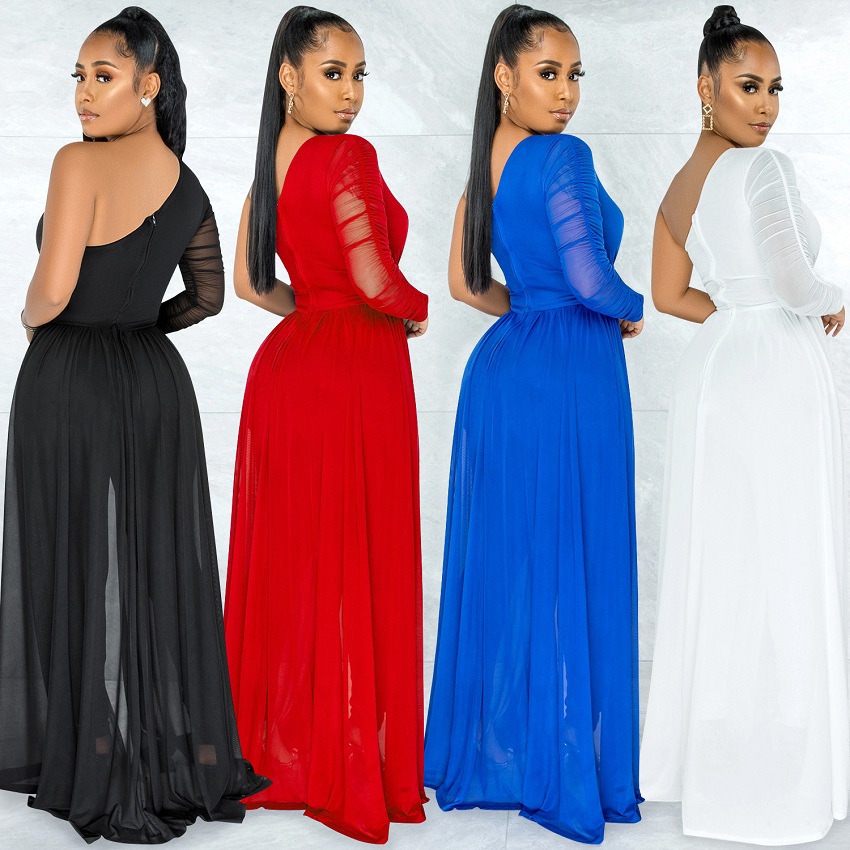 Popular Fashion European and African Style Sexy Mesh See-through One-shoulder Diagonal Collar long-Sleeved Pants Jumpsuit