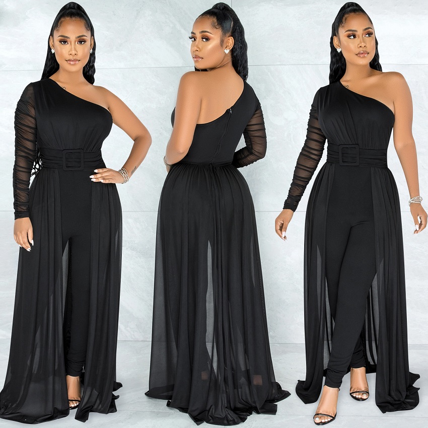 Popular Fashion European and African Style Sexy Mesh See-through One-shoulder Diagonal Collar long-Sleeved Pants Jumpsuit
