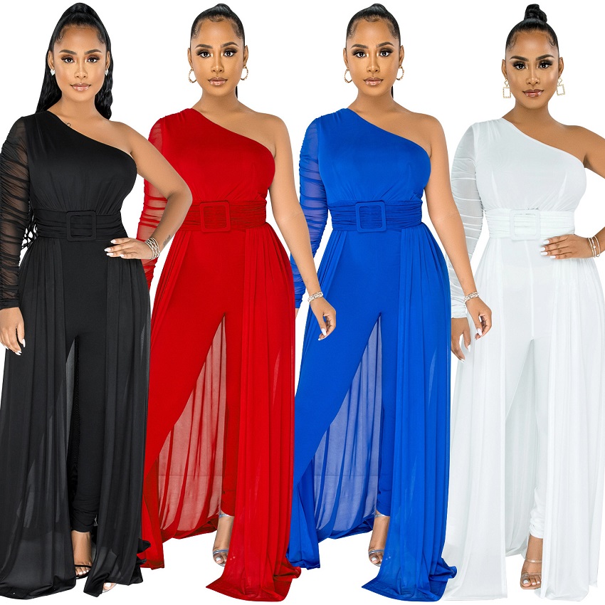 Popular Fashion European and African Style Sexy Mesh See-through One-shoulder Diagonal Collar long-Sleeved Pants Jumpsuit