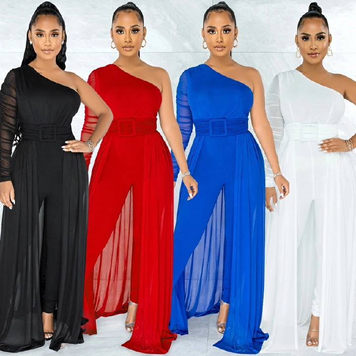 Popular Fashion European and African Style Sexy Mesh See-through One-shoulder Diagonal Collar long-Sleeved Pants Jumpsuit