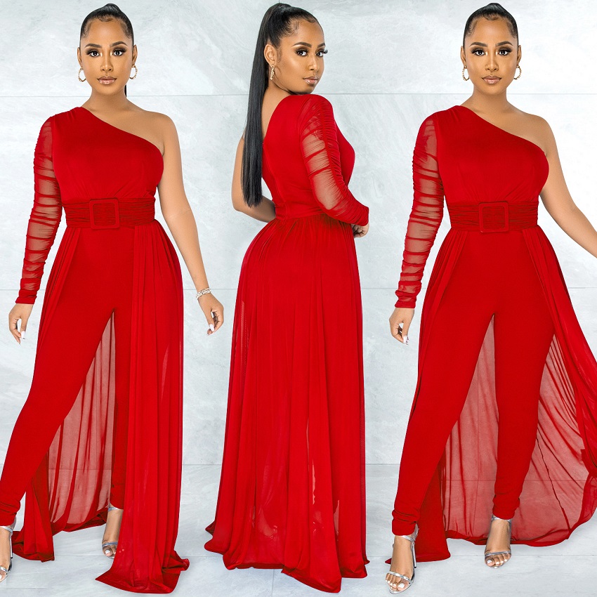 Popular Fashion European and African Style Sexy Mesh See-through One-shoulder Diagonal Collar long-Sleeved Pants Jumpsuit
