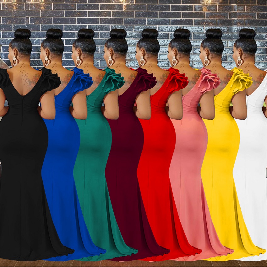 Popular Fashion European and African Style Women's Solid Color V-neck Sleeveless Long Dress Shoulder Flower Dress Maxi Dress