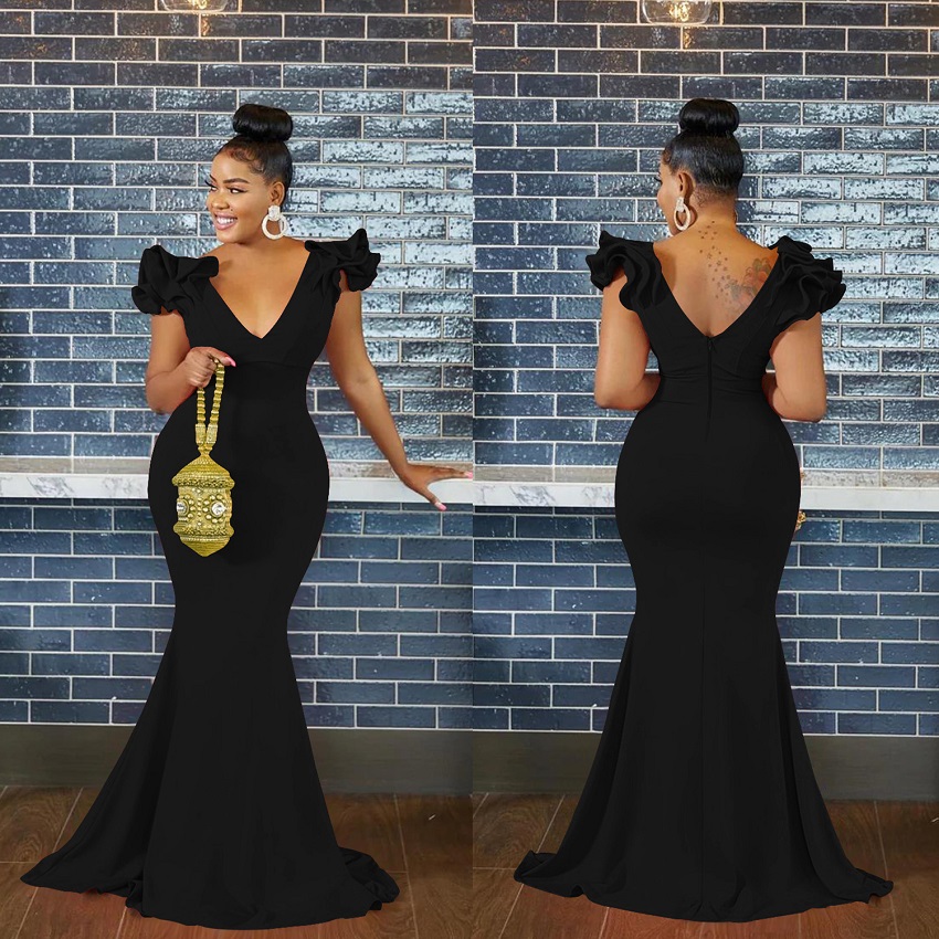 Popular Fashion European and African Style Women's Solid Color V-neck Sleeveless Long Dress Shoulder Flower Dress Maxi Dress
