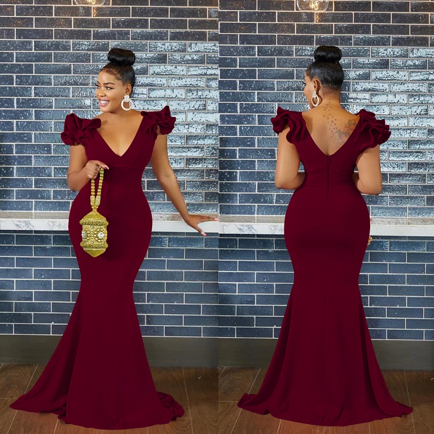 Popular Fashion European and African Style Women's Solid Color V-neck Sleeveless Long Dress Shoulder Flower Dress Maxi Dress