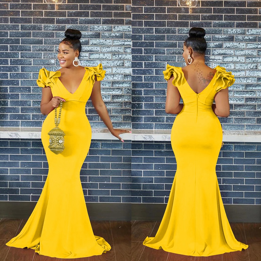 Popular Fashion European and African Style Women's Solid Color V-neck Sleeveless Long Dress Shoulder Flower Dress Maxi Dress