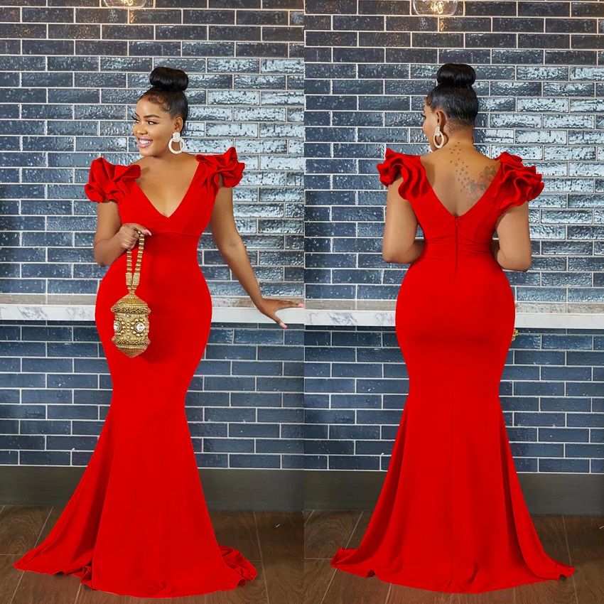 Popular Fashion European and African Style Women's Solid Color V-neck Sleeveless Long Dress Shoulder Flower Dress Maxi Dress