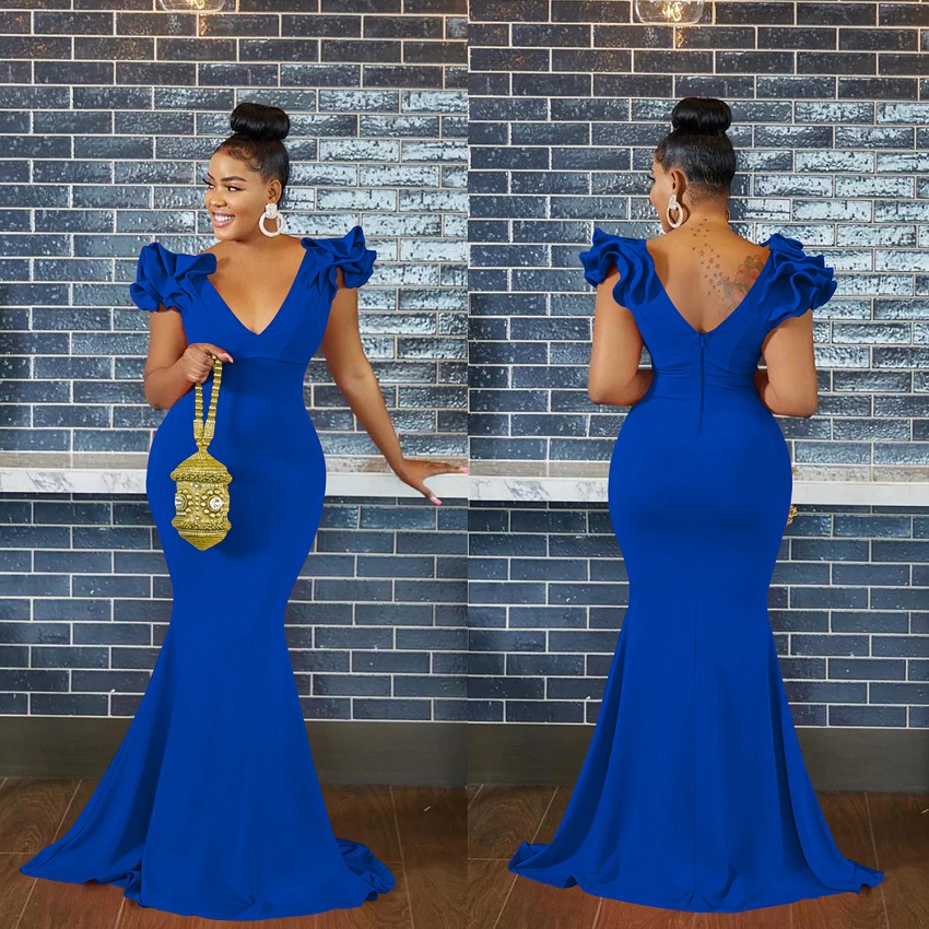 Popular Fashion European and African Style Women's Solid Color V-neck Sleeveless Long Dress Shoulder Flower Dress Maxi Dress