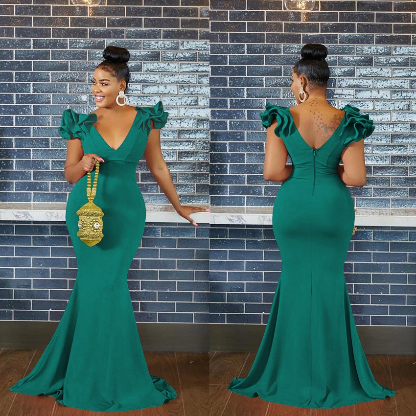Popular Fashion European and African Style Women's Solid Color V-neck Sleeveless Long Dress Shoulder Flower Dress Maxi Dress