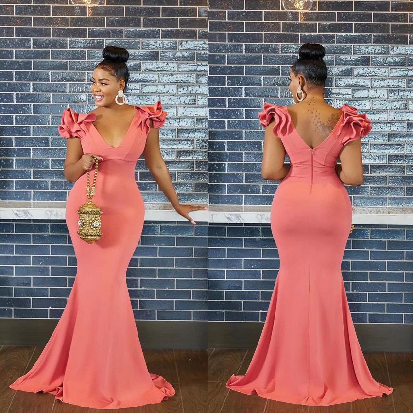 Popular Fashion European and African Style Women's Solid Color V-neck Sleeveless Long Dress Shoulder Flower Dress Maxi Dress