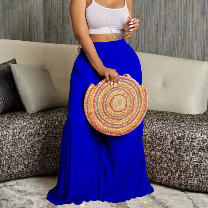 New Summer European and American Ladies Fashion Temperament Pressed Pleated Trousers High Waist Wide Leg Trousers