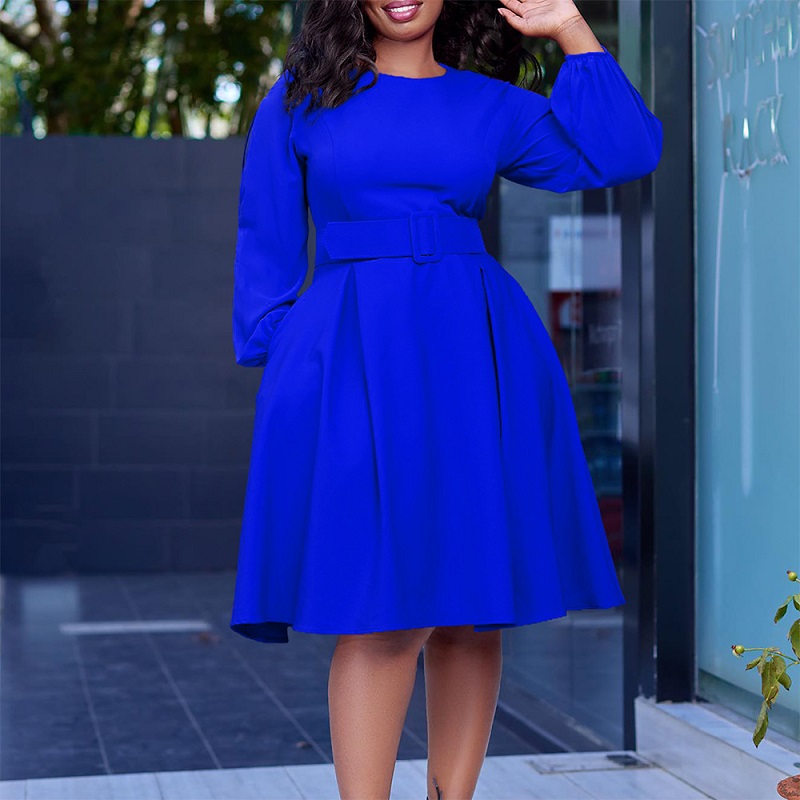 With belt African Women's 2023 New long-sleeved Elegant Temperament Round Neck Swing Dresses