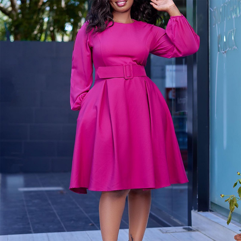 With belt African Women's 2023 New long-sleeved Elegant Temperament Round Neck Swing Dresses