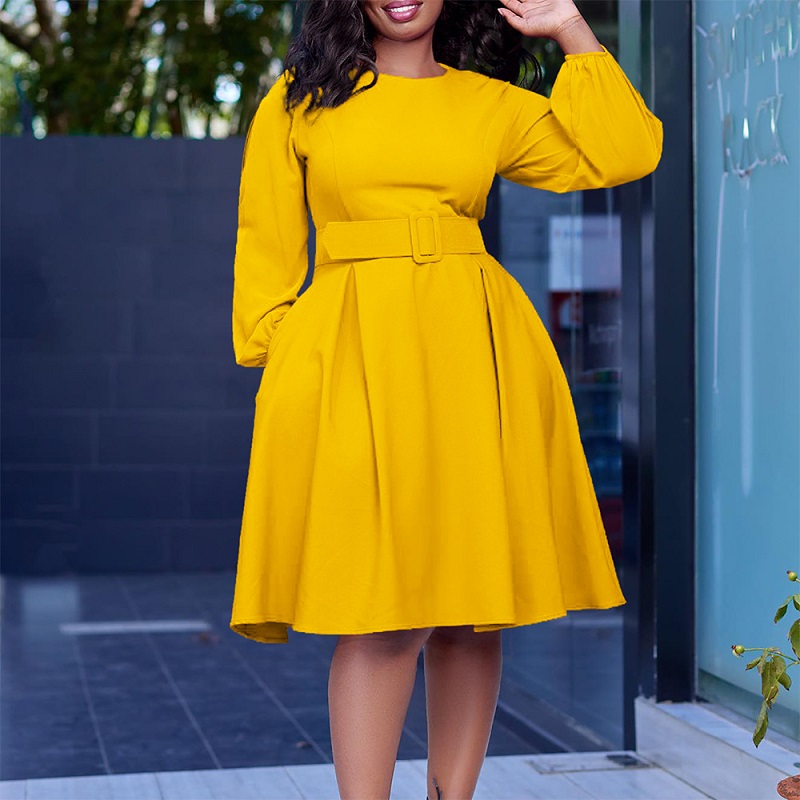 With belt African Women's 2023 New long-sleeved Elegant Temperament Round Neck Swing Dresses