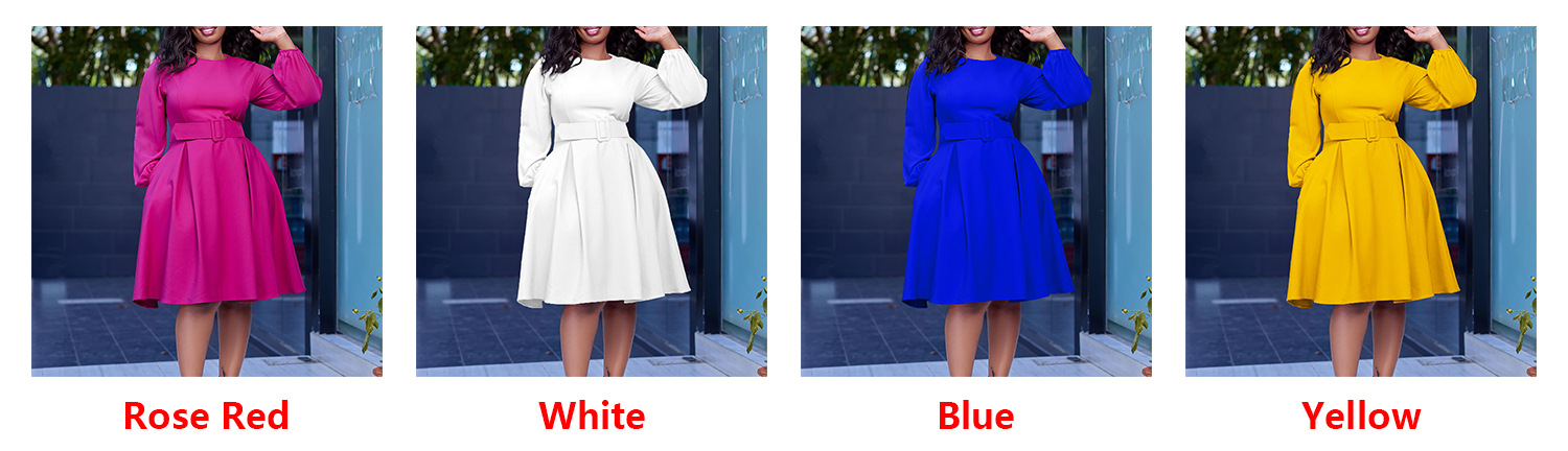 With belt African Women's 2023 New long-sleeved Elegant Temperament Round Neck Swing Dresses