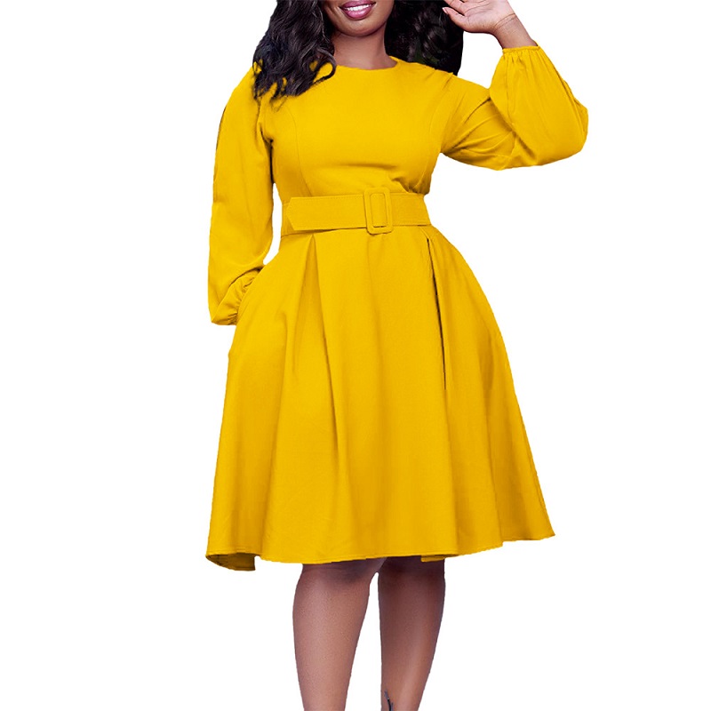 With belt African Women's 2023 New long-sleeved Elegant Temperament Round Neck Swing Dresses