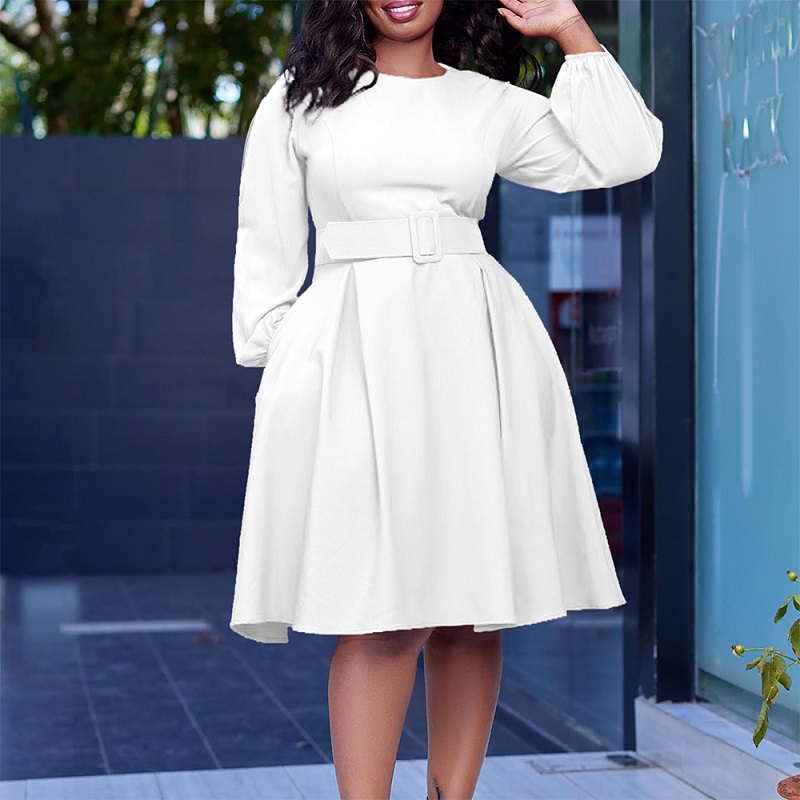 With belt African Women's 2023 New long-sleeved Elegant Temperament Round Neck Swing Dresses