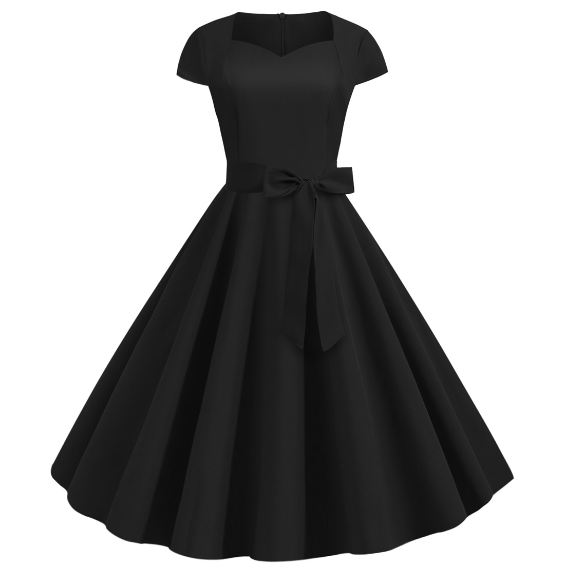 New Vintage Women's Wrap Sleeve Solid Colour Belted Hem Dresses Waist Retro Swing Dress