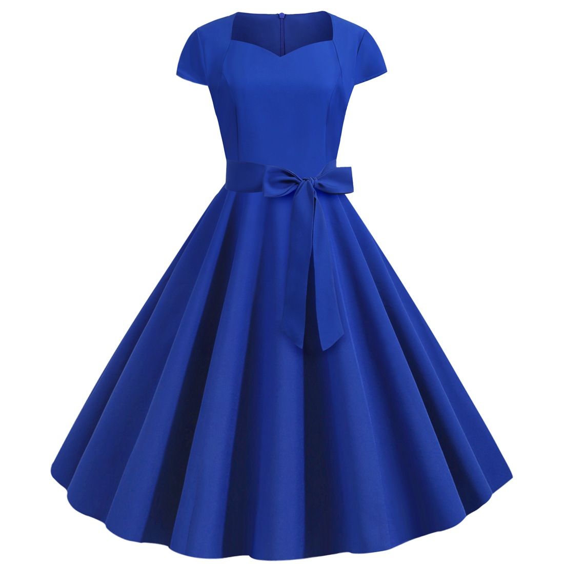 New Vintage Women's Wrap Sleeve Solid Colour Belted Hem Dresses Waist Retro Swing Dress
