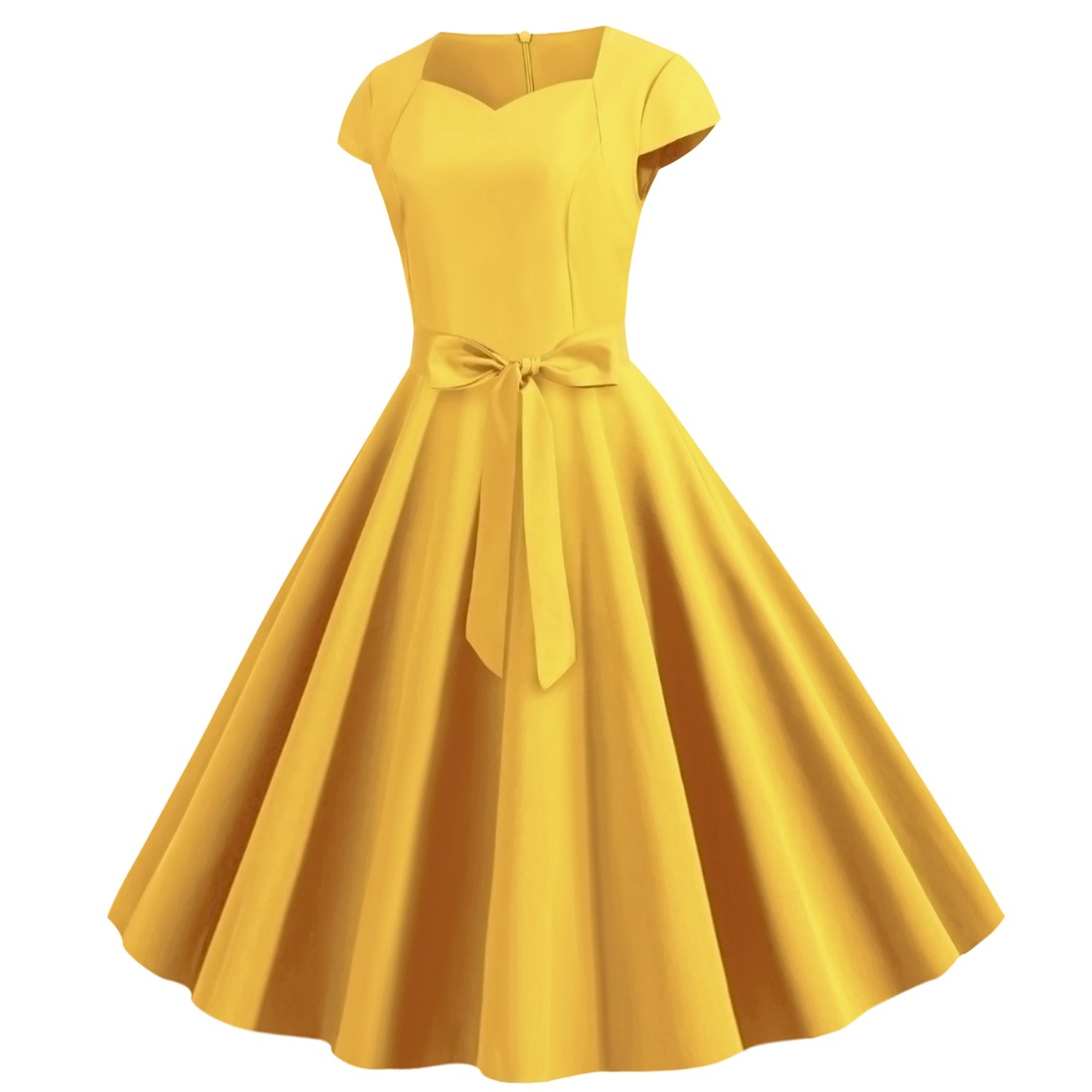 New Vintage Women's Wrap Sleeve Solid Colour Belted Hem Dresses Waist Retro Swing Dress