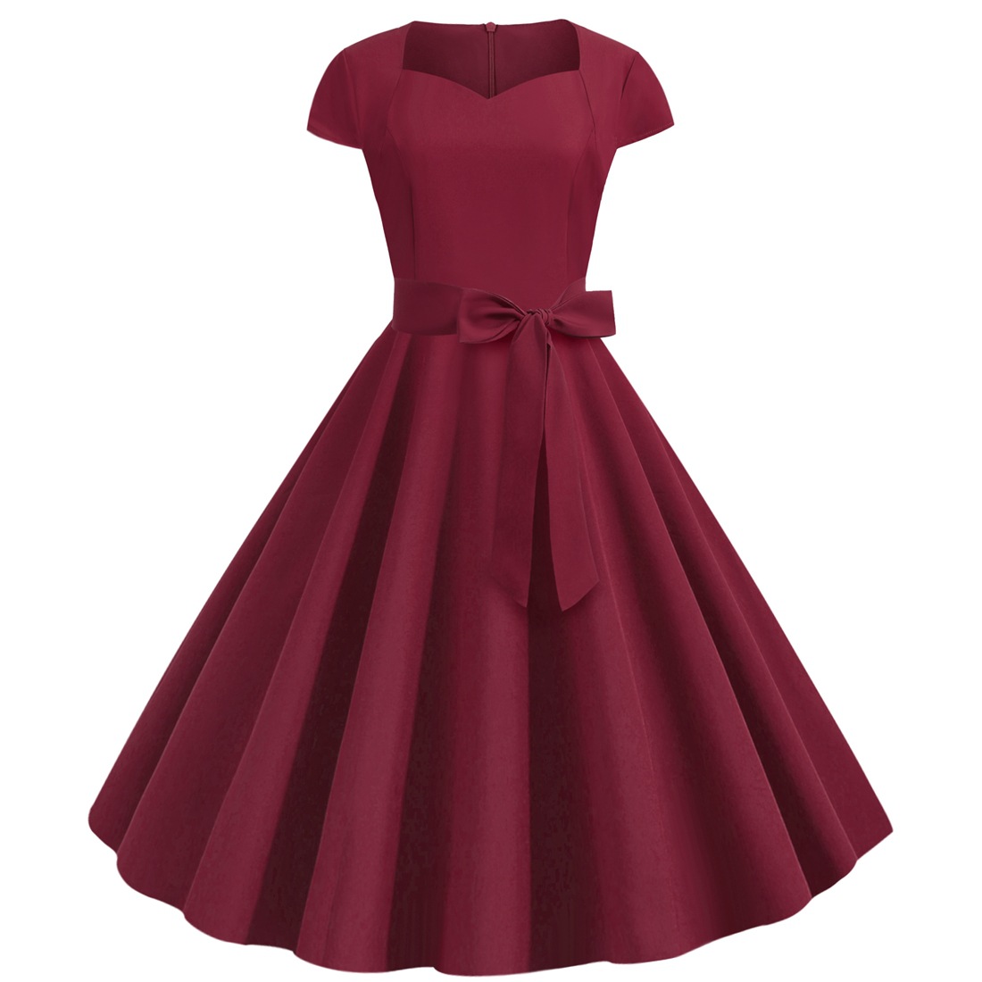 New Vintage Women's Wrap Sleeve Solid Colour Belted Hem Dresses Waist Retro Swing Dress