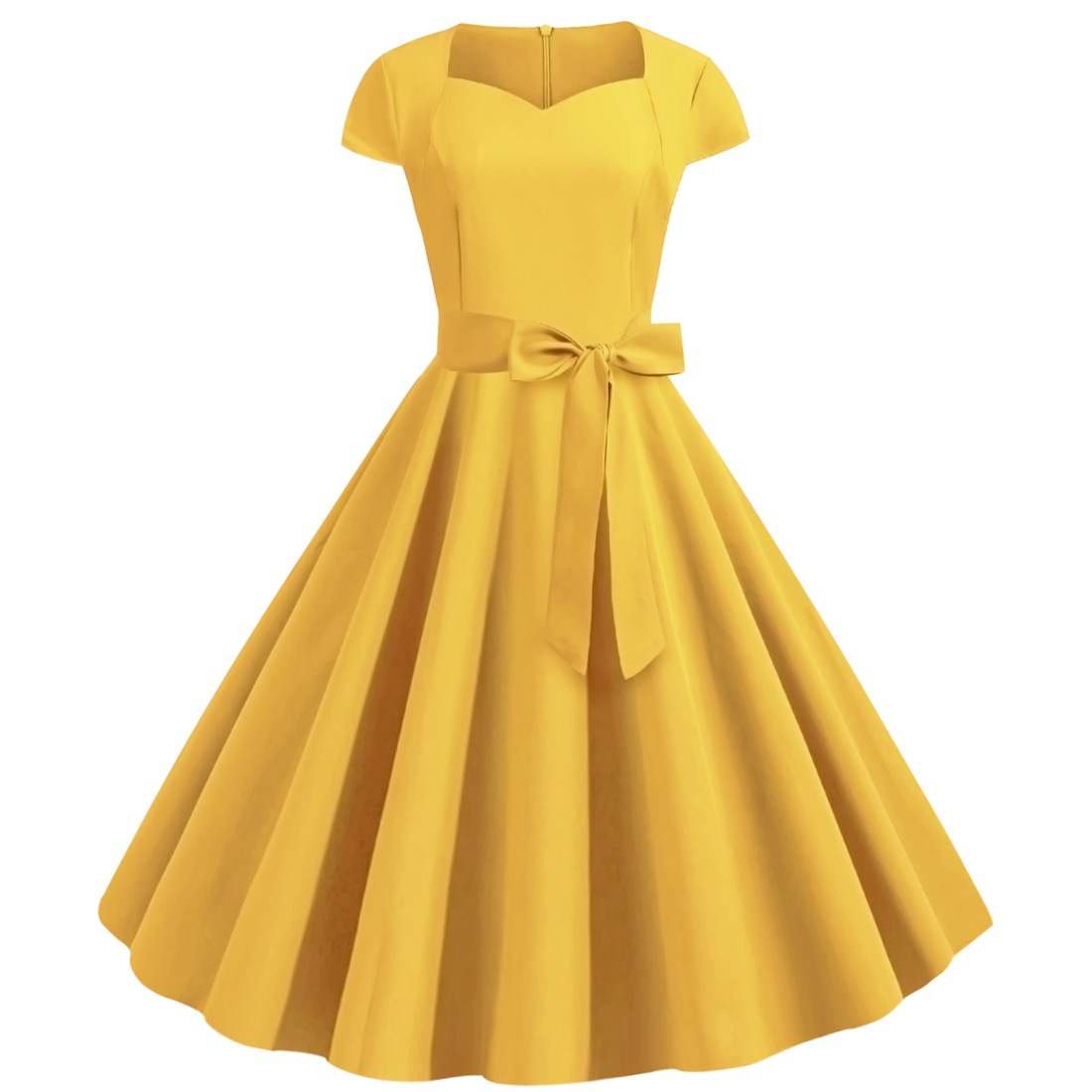 New Vintage Women's Wrap Sleeve Solid Colour Belted Hem Dresses Waist Retro Swing Dress