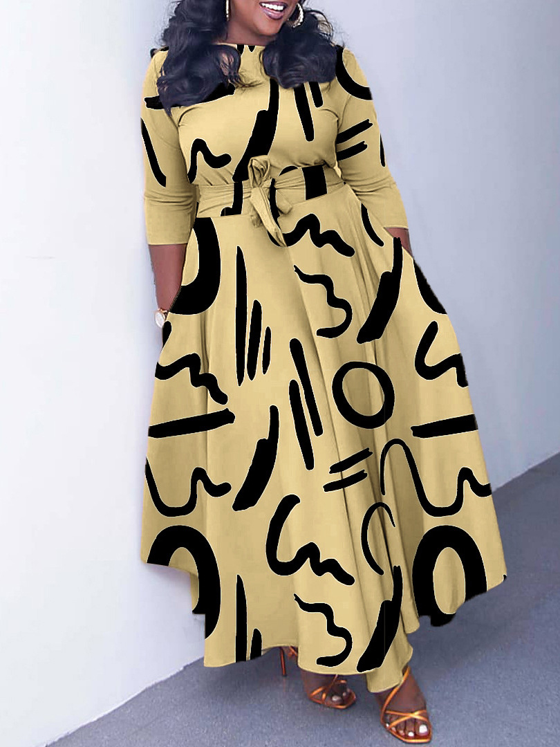Women's 2024 New Fashion Temperament Lace-up Printed African Plus Size Dresses