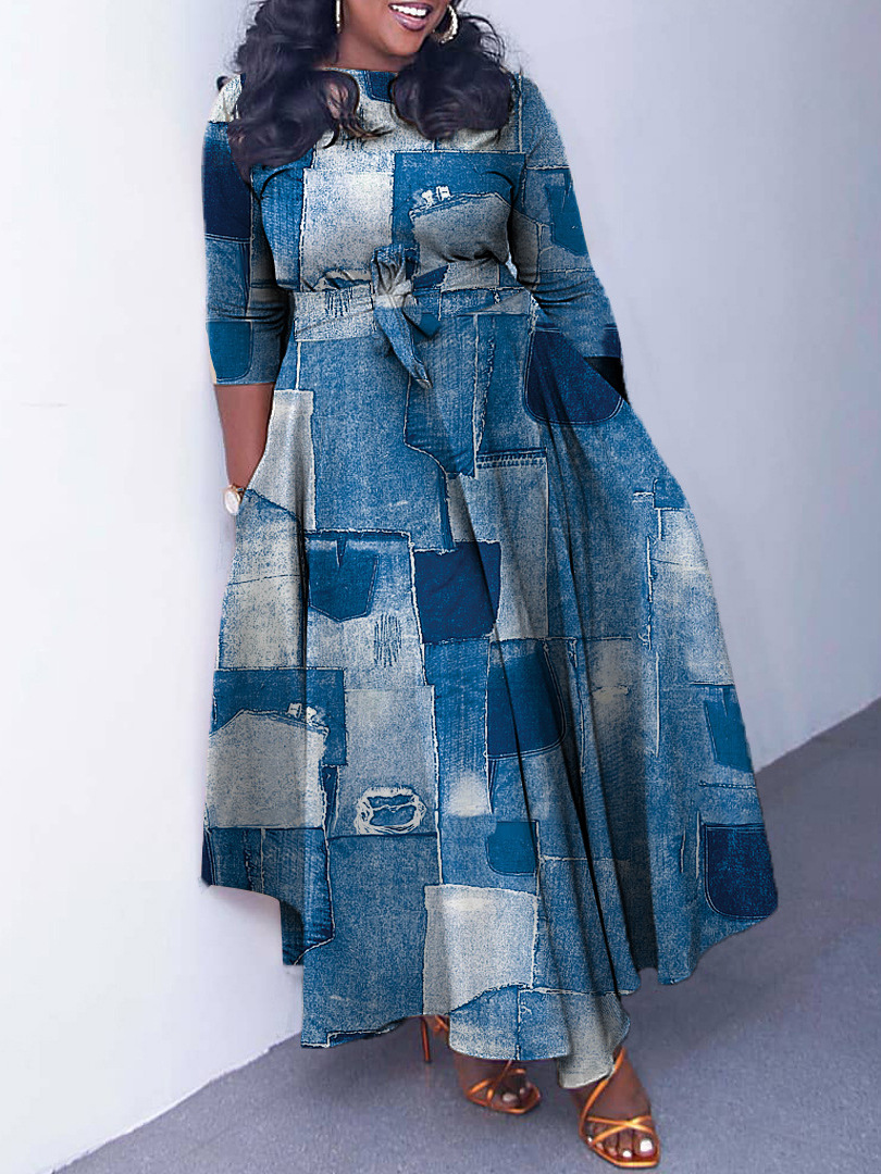Women's 2024 New Fashion Temperament Lace-up Printed African Plus Size Dresses