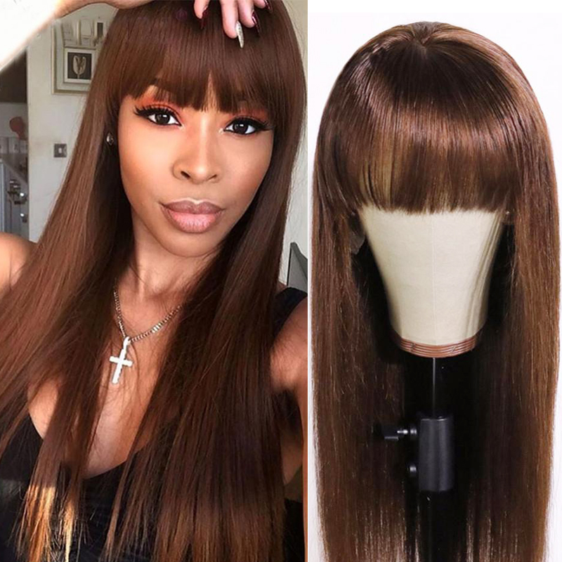 Straight Hair Wigs With Bangs Medium Brown Full Machine Made Wigs Colored Wigs Brazilian Remy Hair Bangs Wig