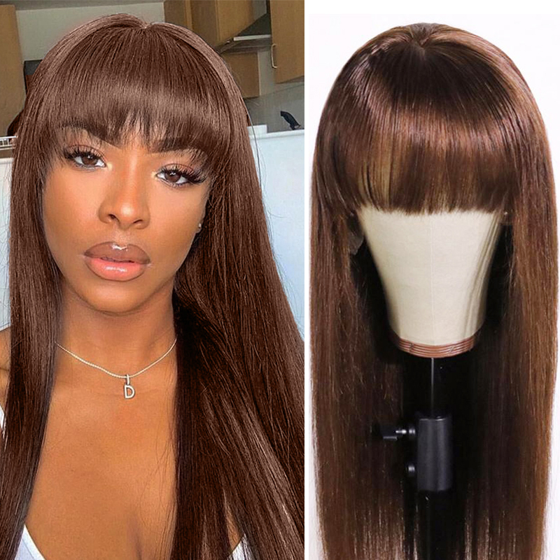 Straight Hair Wigs With Bangs Medium Brown Full Machine Made Wigs Colored Wigs Brazilian Remy Hair Bangs Wig