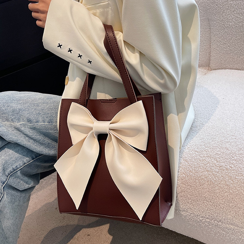 Handbags Advanced Bow Decors Shoulder Bag For Women PU Leather Portable Handbag Vintage Solid Color Shopping Tote Bag Casual Gilr Purse As shown As shownAs shown,As shown