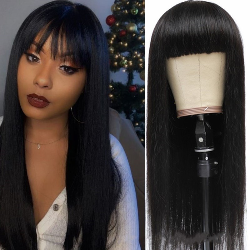 Straight Hair Wigs With Bangs Medium Brown Full Machine Made Wigs Colored Wigs Brazilian Remy Hair Bangs Wig