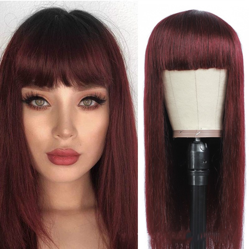 Straight Hair Wigs With Bangs Medium Brown Full Machine Made Wigs Colored Wigs Brazilian Remy Hair Bangs Wig