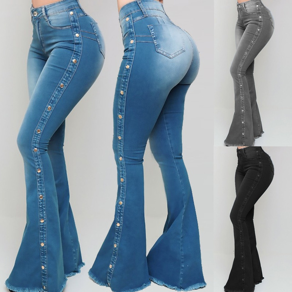 New Arrival Women&apos;s Fashion Skinny Bell Bottom Rips Butt Lift Washed Jean