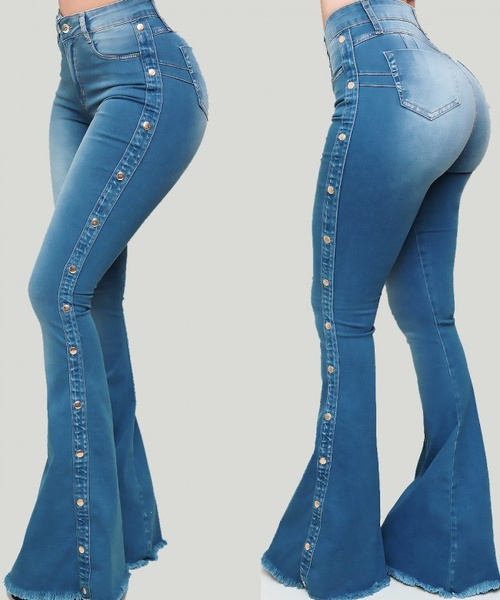 New Arrival Women&apos;s Fashion Skinny Bell Bottom Rips Butt Lift Washed Jean