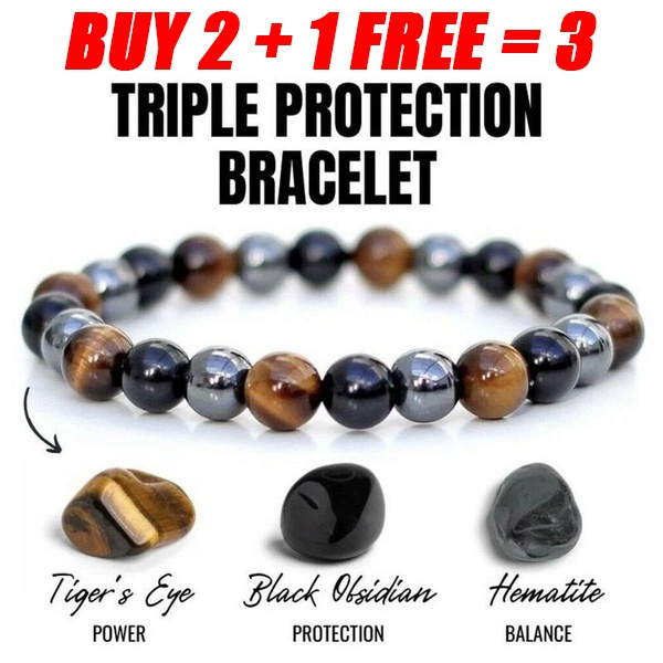 BUY 2+1 FREE = 3 !!! Unisex Fashion Natural Stone Bracelet Tiger Eye Triple Protection Hematite and Black Obsidian Bracelet Gift Jewelry