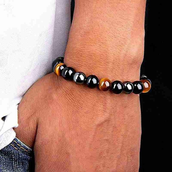 BUY 2+1 FREE = 3 !!! Unisex Fashion Natural Stone Bracelet Tiger Eye Triple Protection Hematite and Black Obsidian Bracelet Gift Jewelry