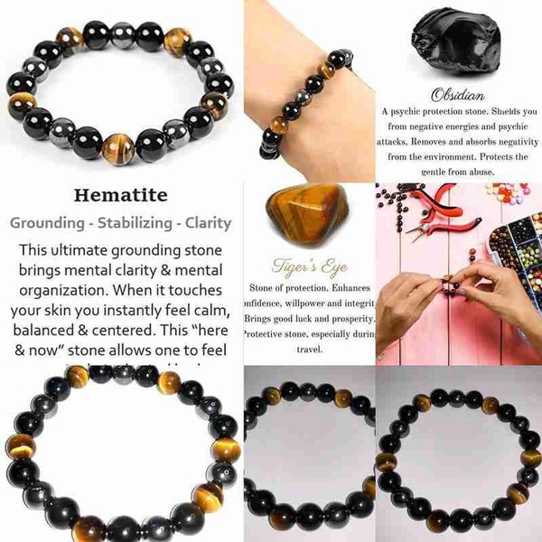 BUY 2+1 FREE = 3 !!! Unisex Fashion Natural Stone Bracelet Tiger Eye Triple Protection Hematite and Black Obsidian Bracelet Gift Jewelry