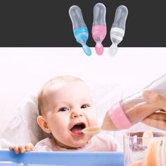 Rice cereal spoon cartoon baby rice noodle soft silicone squeeze type complementary food feeder tool Pink one size