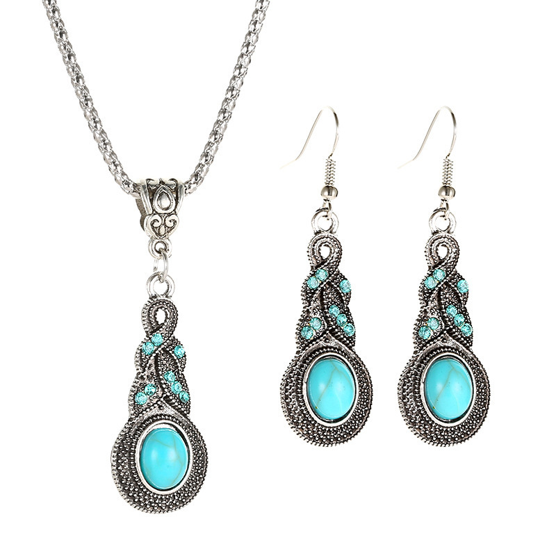 Women&apos;s jewelry vintage set temperament accessories blue diamond inlaid turquoise earrings