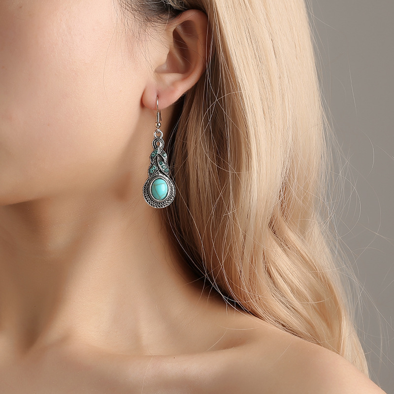 Women&apos;s jewelry vintage set temperament accessories blue diamond inlaid turquoise earrings