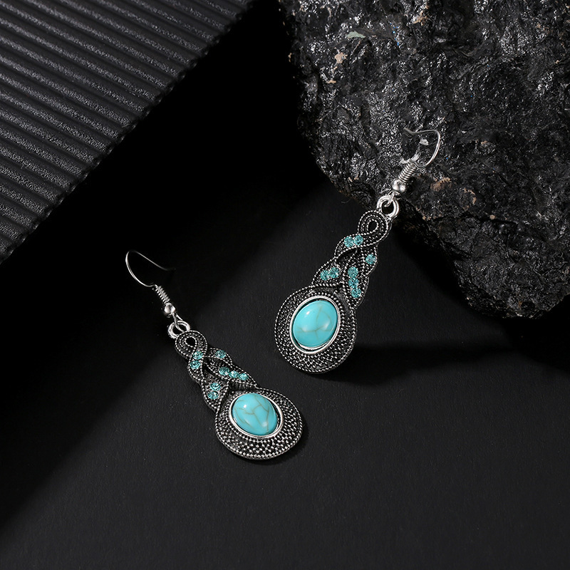 Women&apos;s jewelry vintage set temperament accessories blue diamond inlaid turquoise earrings