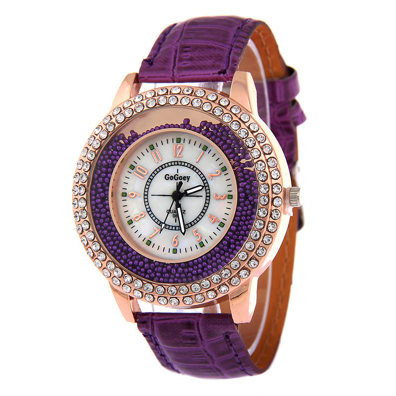 Fashion set rhinestone quicksand turn bead round quartz ladies leather strap watch