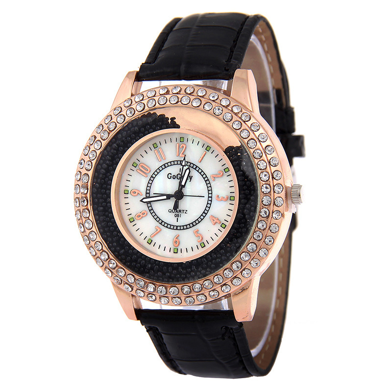 Fashion set rhinestone quicksand turn bead round quartz ladies leather strap watch