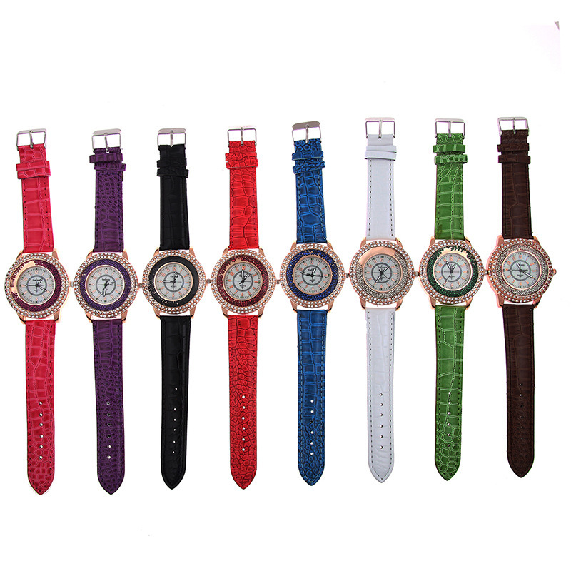 Fashion set rhinestone quicksand turn bead round quartz ladies leather strap watch