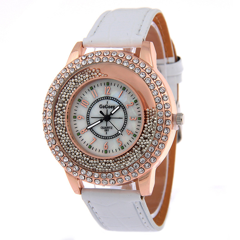Fashion set rhinestone quicksand turn bead round quartz ladies leather strap watch